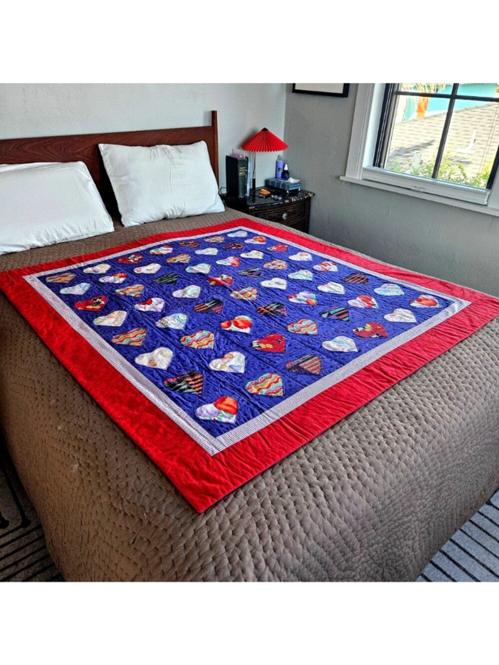 Heart Quilt Handmade Red Purple Cotton Applique 54x50 - Picture 6 of 15